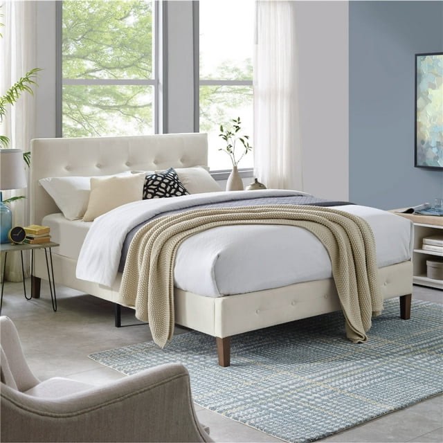 Modern Sleep Lancaster Modern Upholstered Platform Bed Frame, Queen, Shell