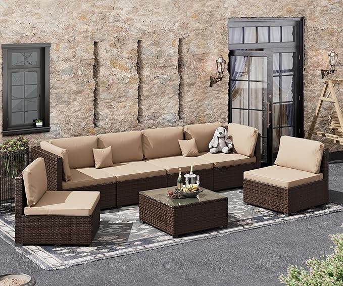 7-piece patio furniture set, outdoor furniture, patio sectional sofa, PE rattan for all types of weather, outdoor sectional with beige cushion and glass table, clips. (incomplete 1 box only)