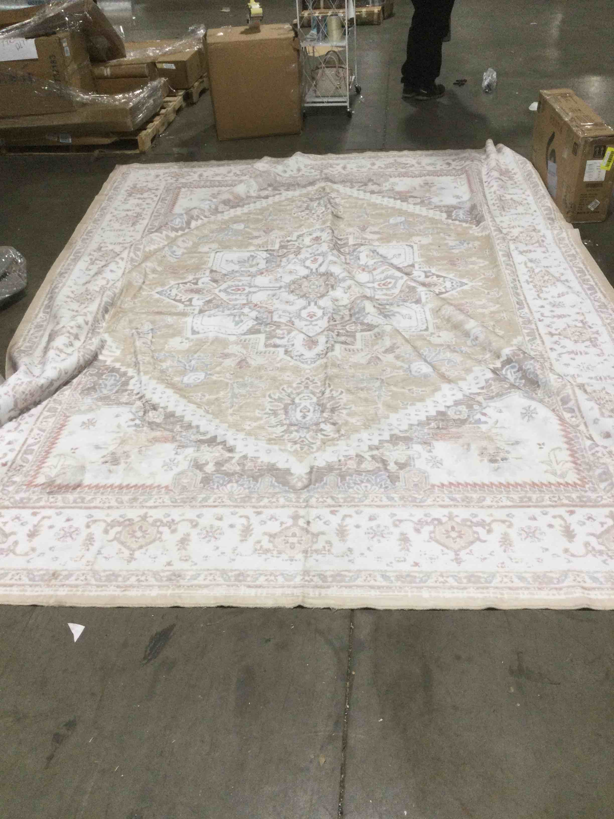 SOFT BEIGE CREAM BLUE AND ORANGE AREA RUG. WASHABLE  9 x12
