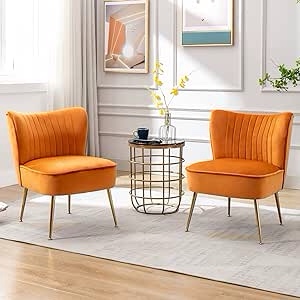 Modern Accent Chair Set of 2 Velvet Slipper Chair with Gold Legs Wingback Side Chair for Living Room Bedroom Entryway Small Corner Chair for Space Saving, Orange