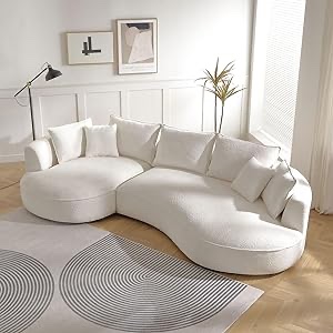 kevinplus 125'' Curved Sofa Couch Cloud Boucle Couch with Chaise Lounge for Living Room, L-Shape Modern Sectional Luxury Upholstery 5-Seat Sofa Couch for Apartment (Left-Facing, Beige)