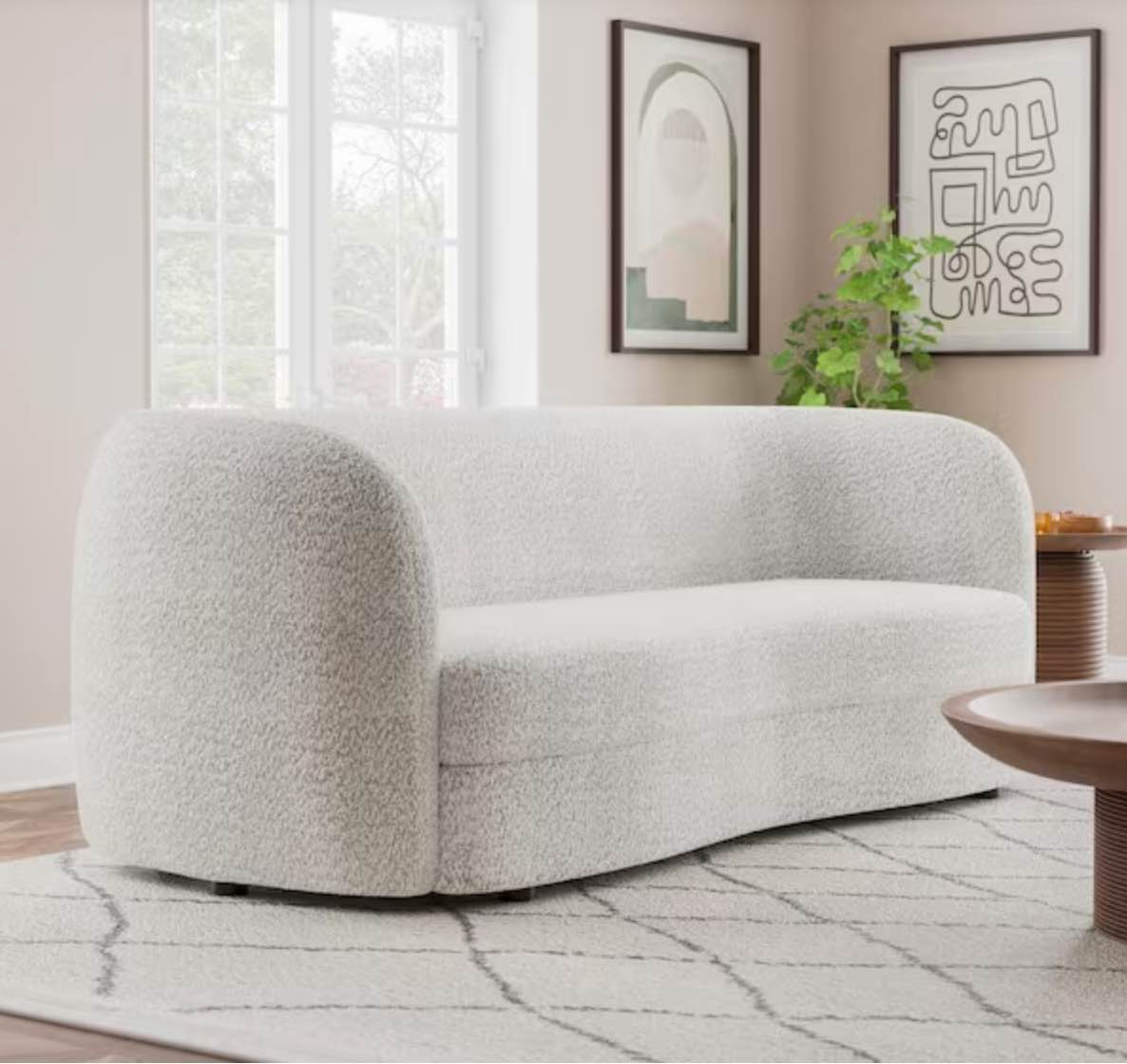 Julia 85 in. Round Arm Boucle Polyester Fabric Modern Curved Pocket Coil Cushion Sofa In White