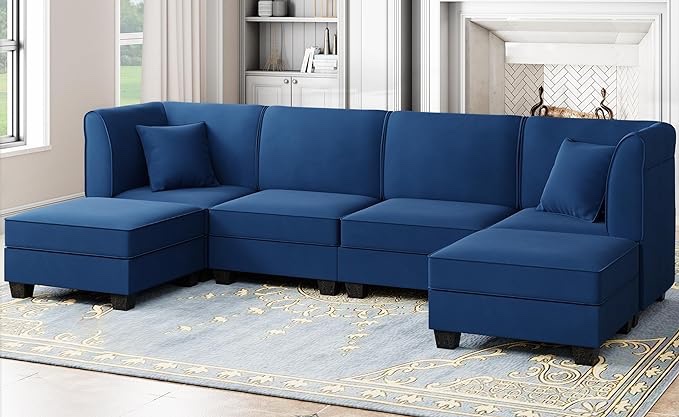 Shintenchi Reversible Modular Sectional Sofa Set, Convertible Oversized U Shaped Sofa Couch with Ottomans, Velvet Sleeper Couch with Chaise L Shaped Couches for Living Room Navy Blue ( box 4/6 Incomplete )