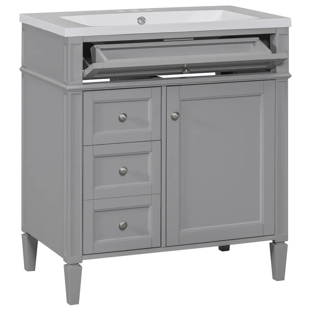 Modern 30” Bathroom Vanity with Top Sink, 2 Drawers, Tip-out Drawer, Roman Leg Design, Textured Handle, MDF, Undermount/Drop in, 300lbs Capacity