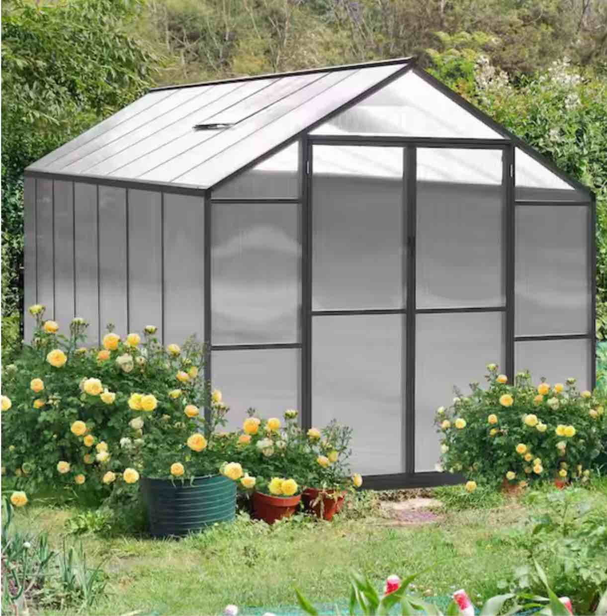 8 ft. W x 14 ft. D Polycarbonate Greenhouse For Outdoors, Green House Kit with Adjustable Roof Vent, Gray