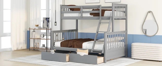 Twin-Over-Full Bunk Bed with Ladders and Two Storage Drawers(Gray)( Old Sku:LT000165AAE? Gray Solid Wood [US ( Box 2/2 Incomplete)