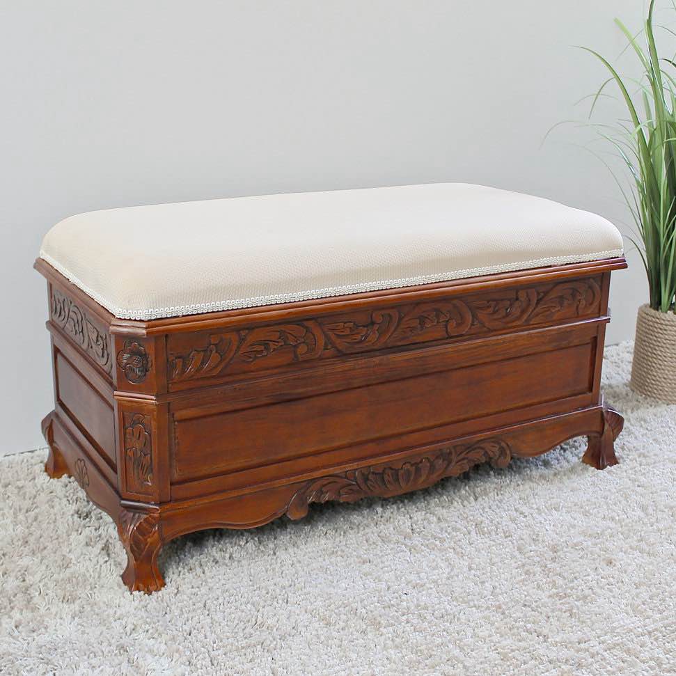Windsor Hand Carved Upholstered Storage Bench