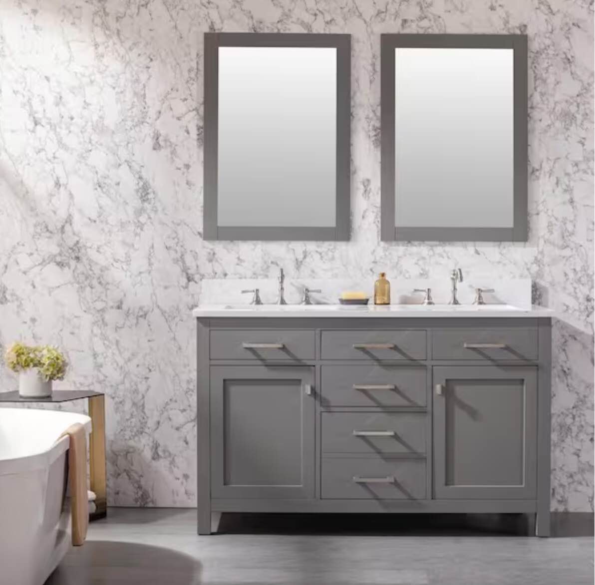 Jasper 54 in. W x 22 in. D Bath Vanity in Gray with Engineered Stone Vanity Top in Carrara White with White Sinks
