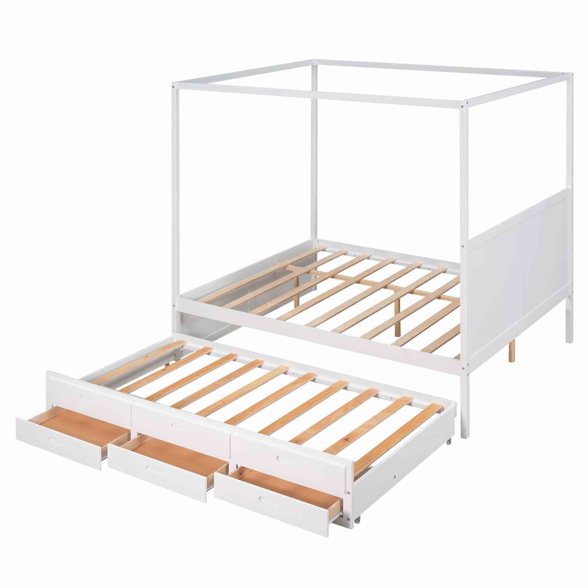 Queen Size Canopy Platform Bed,Wood Canopy Bed with Twin Size Trundle and 3 Drawers,Solid Wood Storage Daybed Frame (Incomplete, box 2/2 only)