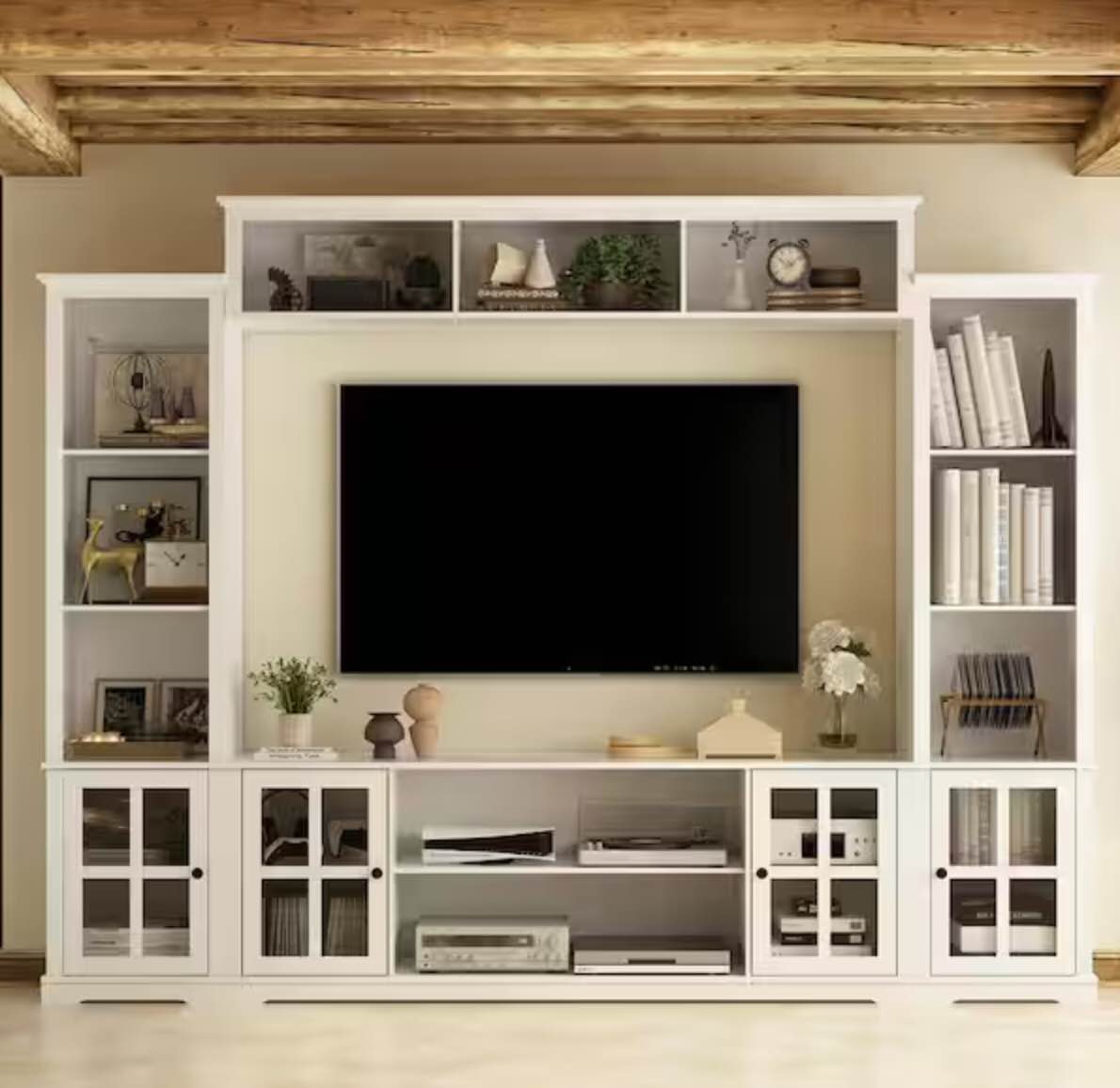 White Wooden TV Stand Fits TV's up to 75 in. with Open Shelves and Tempered Glass Door Cabinet KF020341-02 (incomplete)