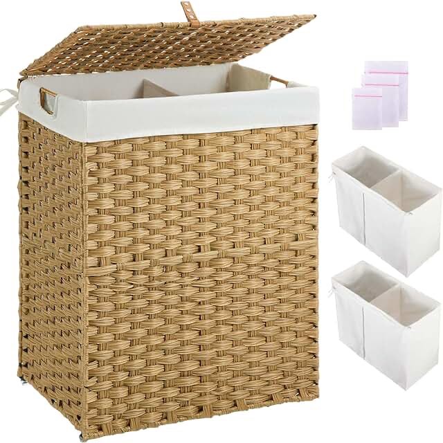 Greenstell Laundry Hamper No Install Needed, Divided Clothes Hamper with 2 Removable Liner Bags, 90L Handwoven Synthetic Rattan Laundry Basket with Lid and Handles, Foldable Natural 90L (18.3x13.3x24.0 Inches) Natural