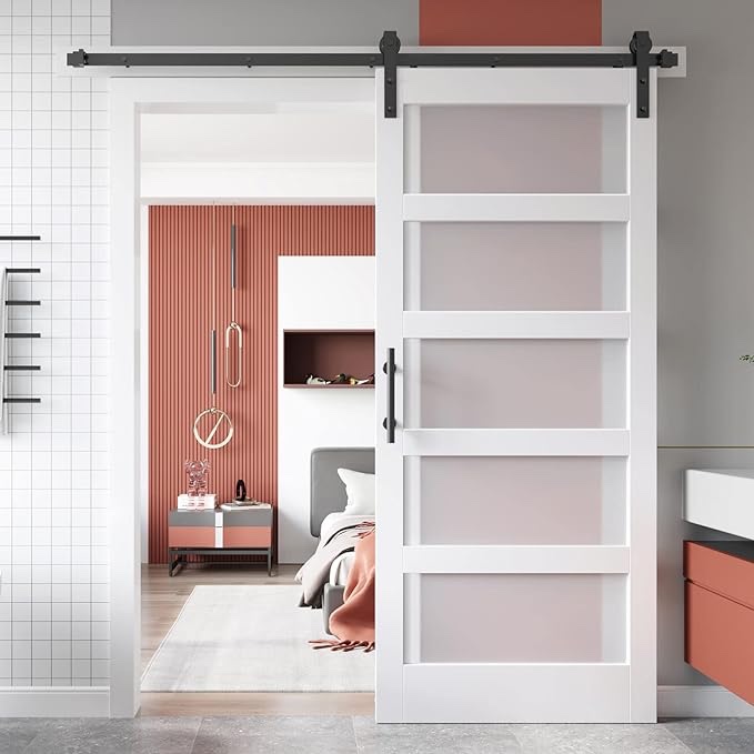 coshomer 38in x84in 5- panel sliding glass barn door 