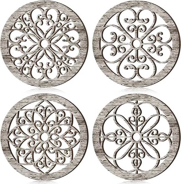 4 Pieces Thicken Rustic Wall Decor Farmhouse Wall Art Decor Wooden Hollow Carved Design Rustic Round Wall Art for Living Room Bedroom Hallway Decor Office Kitchen Wall (Retro White,16 x 16 Inch)