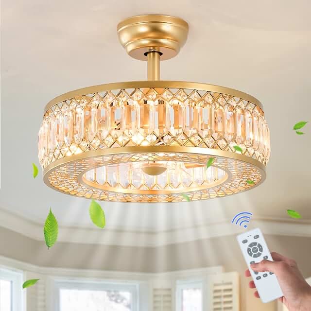 KOKAiZeeKi Gold Crystal Caged Ceiling Fans with Light, 18" Bladeless Ceiling Fan with Remote Control, 6 Speed Low Profile Enclosed Ceiling Fan with Reversible Motor for Bedroom Kitchen Living Room