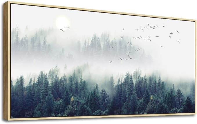 Framed Canvas Wall Art For Living Room Large Size Wall Decor For Bedroom Foggy Forest Trees Landscape Painting Office Wall Decorations Modern Home Decor Canvas Pictures Artwork Black Framed 20" X 40"