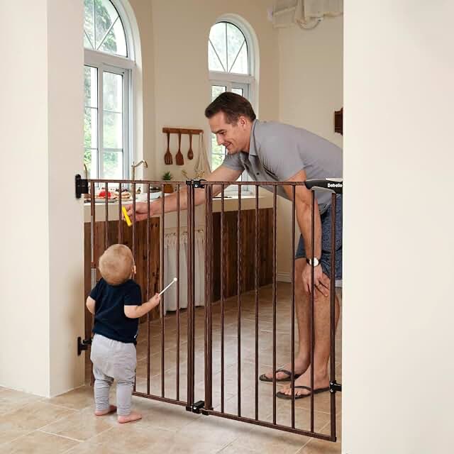 Babelio 34" Extra Tall Baby/Dog Gate with No Threshold Design Walk Thru Door, 26-43" Auto Close Safety Gate for Babies, Elders and Pets, Fits Doorways, Stairs, and Entryways, Brown Wood Pattern