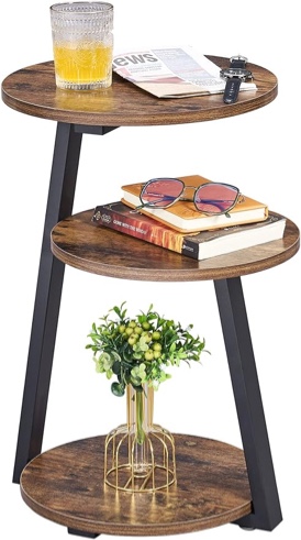 BEWISHOME Round End Table Side Table with Metal Frame, Accent Table with 3-Tier Shelves, Small Table for Living Room Couch Table Small Coffee Table Rustic Brown KTZ41Z