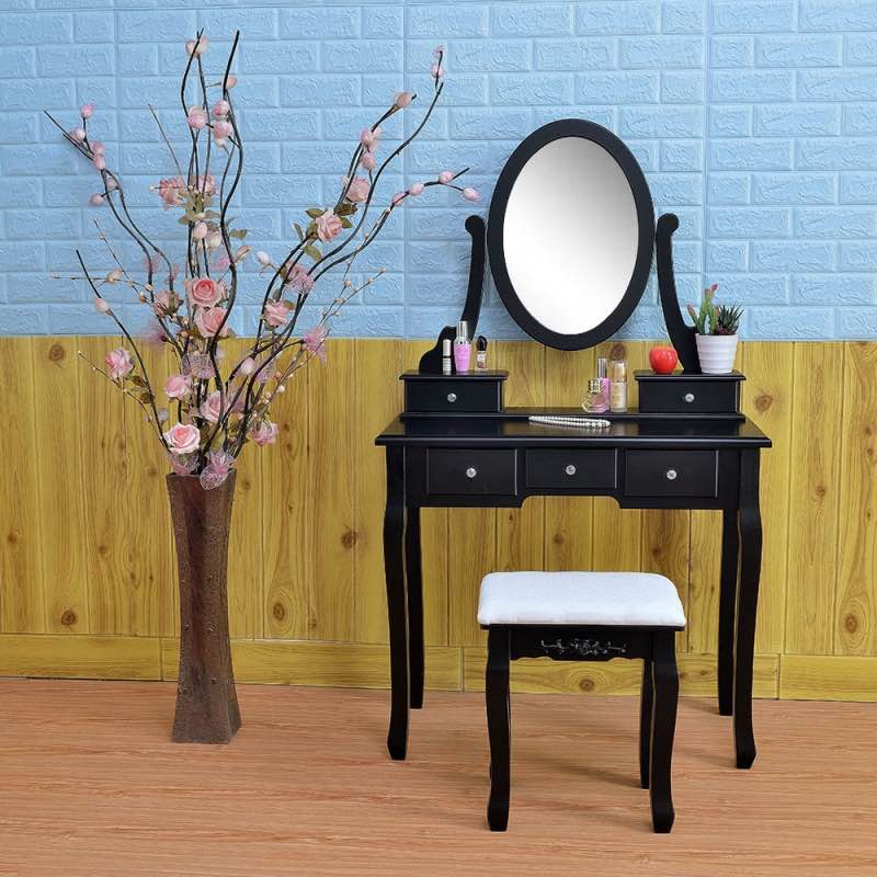 Zimtown Vanity Makeup Dressing Table Set W/Stool 5 Drawers & Mirror Jewelry Desk 