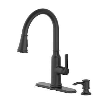 ALLEN + ROTH Evanston Black Single Handle Pull-down Kitchen Faucet with Deck Plate and Soap Dispenser Included