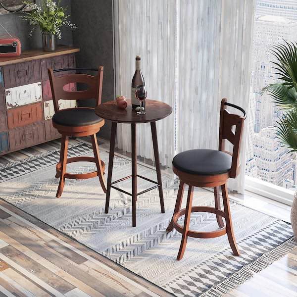 Costway 24 in. Brown High Back Rubber Wood Counter Stool with Leather Padded  Set of Included