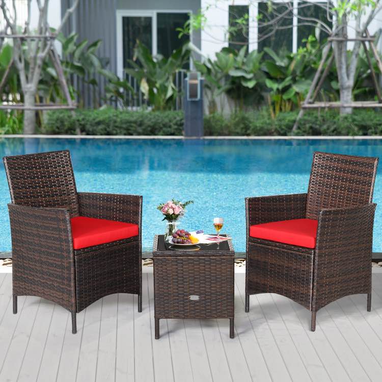 Costway 3PCS Patio Rattan Furniture Set Cushioned Sofa Glass Tabletop