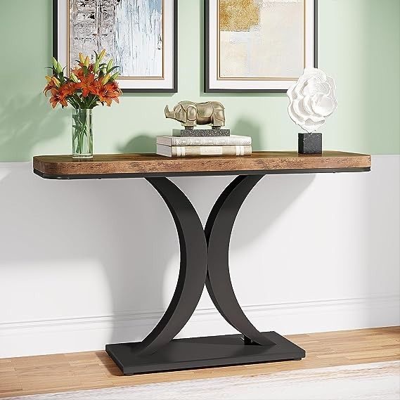 Tribesigns Modern Gold Console Table, 40 inch Narrow Entryway Foyer Table with Geometric Base, Rustic Hallway Accent Table for Living Room, Entrance,black