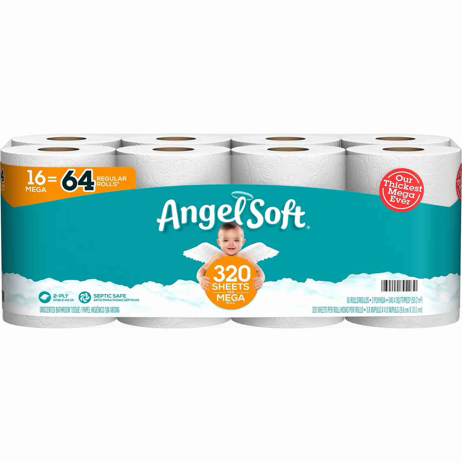 Angel Soft Mega Toilet Paper, 2-Ply, White, 320 Sheets/Roll, 16 Rolls/Pack 