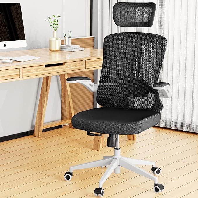balmstar Ergonomic Office Chair, Home Office Desk Chair with Adjustable Headrest & Lumbar Support, Swivel High Back Computer Chair, Breathable Mesh Chair, PU Silent Wheels, Flip-Up Arms (Onyx Black)