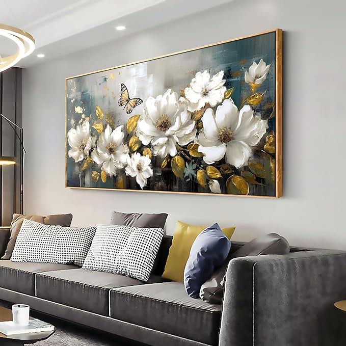 Wall Art Modern Flower Artwork Paintings White Blossom Gold Leaf Butterfly Landscape Picture wall Decor for Living Room Bedroom Kitchen 20"x40" with Framed 20.00" x 40.00" Landscape Flower