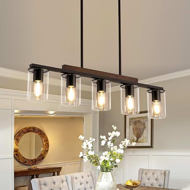 Mecgirn Kitchen Island Lighting, 5-Light Farmhouse Dining Room Light Fixtures, Linear Chandelier Pendant Lighting Over Table for Dining Table Living Room with Adjustable Rods, Black and Wood