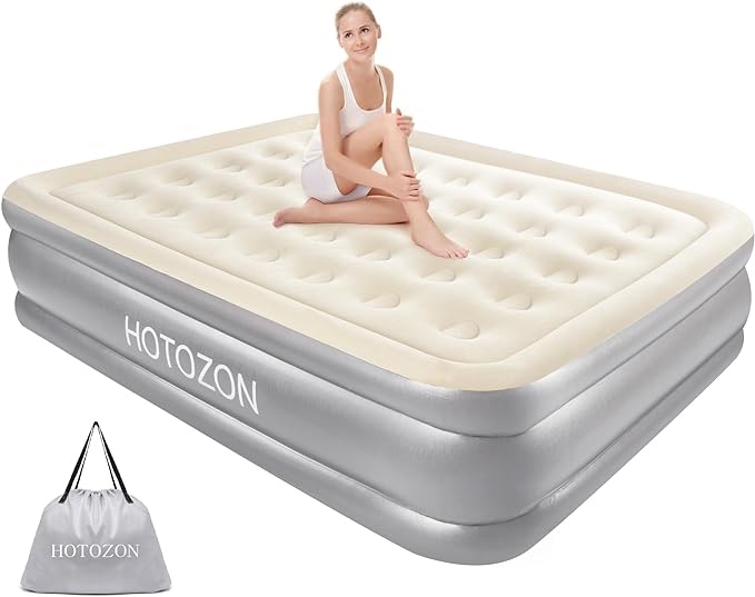 HOTOZON Queen Air Mattress with Built-in Pump, 18" Foldable Air Bed with Carry Bag, Luxury Elevated Inflatable Air Mattresses, Blow Up Airbed for Home, Camping & Guests, Grey