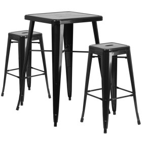 Flash Furniture CH-31330B-2-30SQ-BK-GG 23.75" Square Black Metal Indoor-Outdoor Bar Table Set with 2 Square Seat Backless Stools