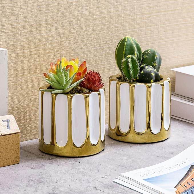 MyGift 4 Inch White and Gold Ceramic Fluted Planter Pot with Drainage Hole, Modern Small Succulent Plant Container, Decorative Indoor Garden Pot