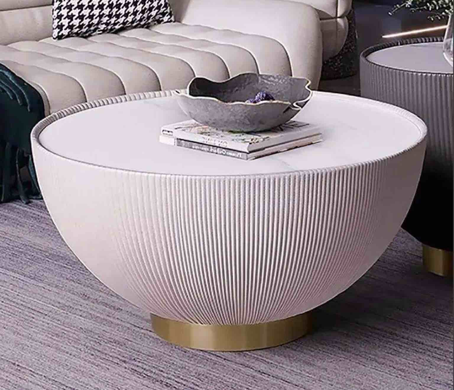 Beige Drum End Table Stone Round PU-Leather Accent Table 