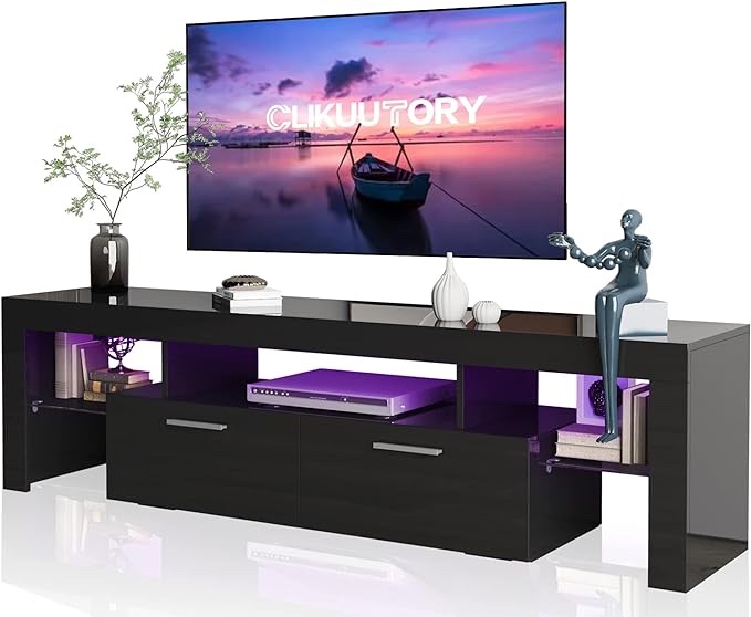 Clikuutory Modern LED 63 inch Long TV Stand with Large Storage Drawer for 50 55 60 65 70 75 Inch TVs, Black Wood TV Console with High Glossy Entertainment Center for Living Room, Bedroom, Black
