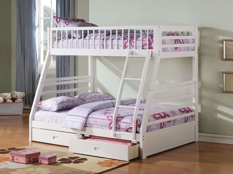 Benzara Wooden Twin/Full Bunk Bed with Drawers, White-Benzara