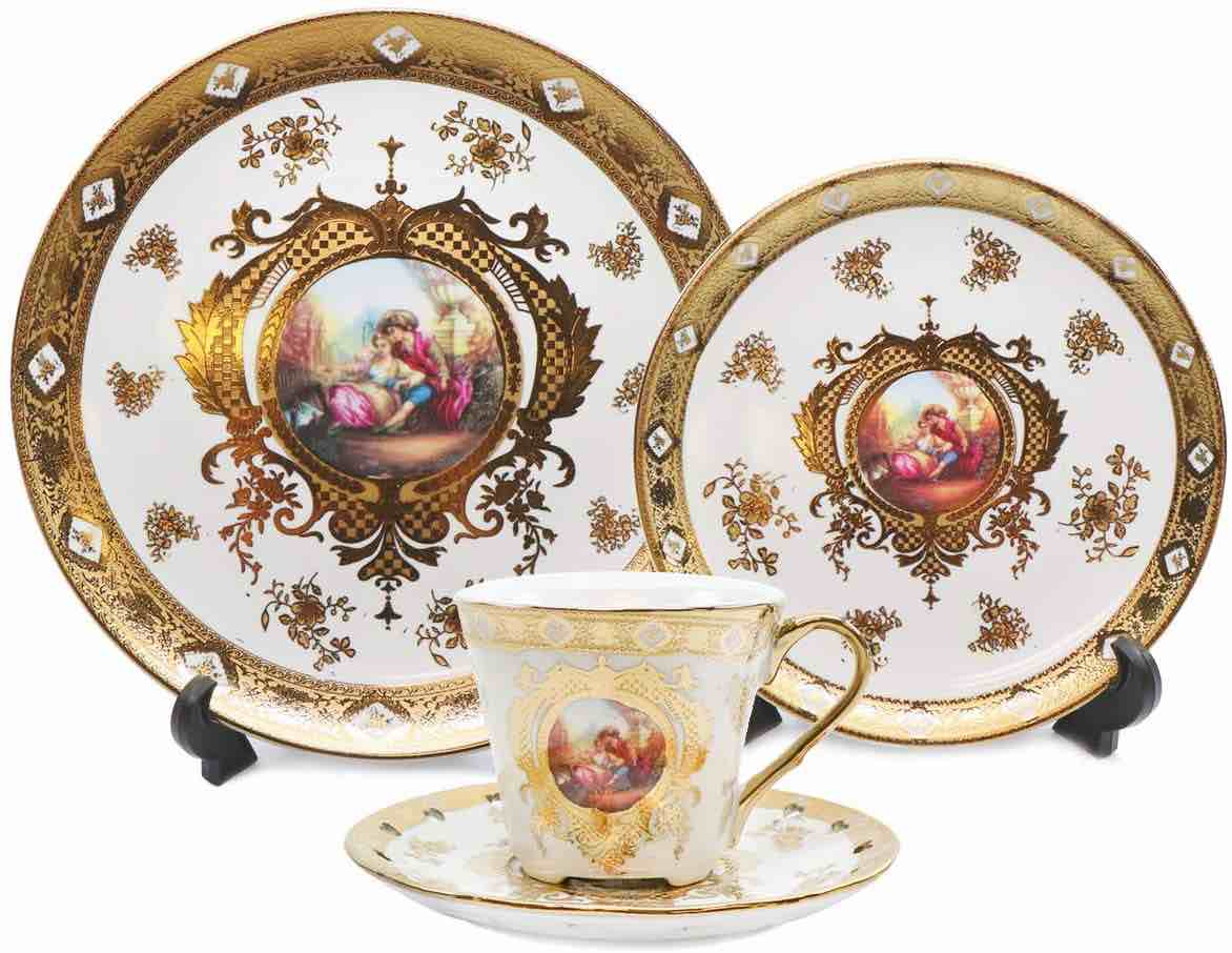Royalty Porcelain Dinner Set 16pc, 24K Gold 'Second Date' Limoges China (White)