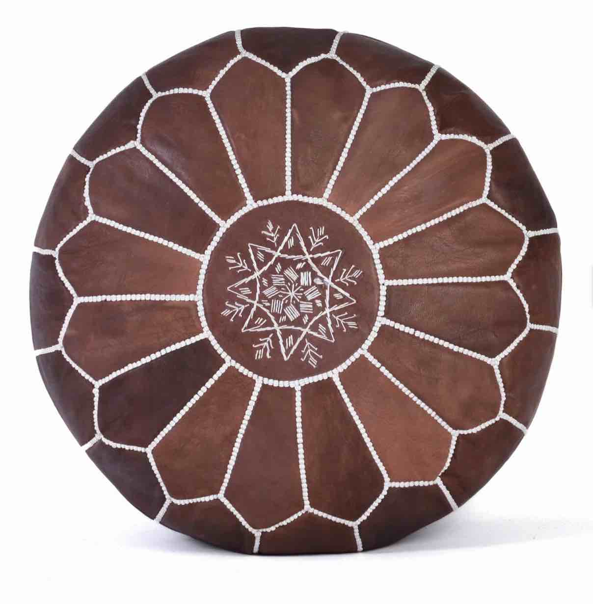 Hand-stitched Embroidery Genuine Leather Ottoman Pouf - Brown