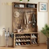 3-in-1 Hall Tree Shoe Storage Bench, Entryway Clothes Rack with 7 Hooks, Overhead Storage, Retro