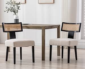 CIMOTA Upholstered Rattan Dining Chairs Set of 2 Mid Century Modern Kitchen & Dining Room Chairs Linen Farmhouse Armless Side Chair with Black Wood Frame/Curved Backrest, Beige