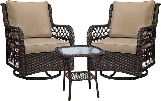 Outdoor Wicker Swivel Rocker Patio Set, IDEALHOUSE 360 Degree Swivel Rocking Chairs Elegant Wicker Patio Bistro Set with Premium Cushions 
