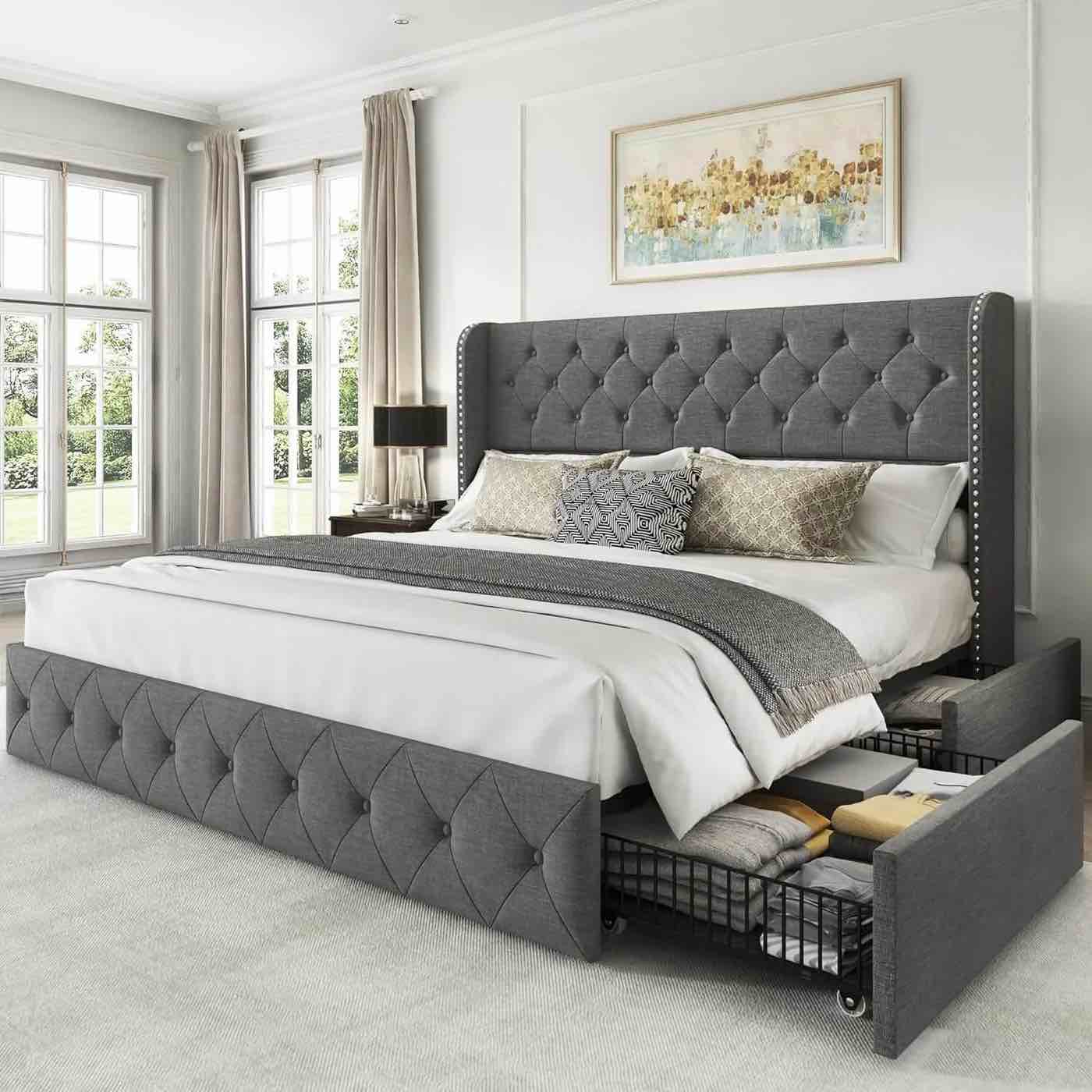 Larmace Modern Upholstered Platform Bed Frame with Button Tufted Velvet Wingback Headboard, 4 Storage Drawers Underneath