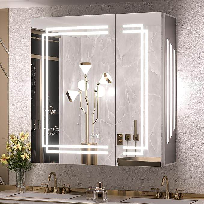 TokeShimi Medicine Cabinet 30 x 32 in Bathroom LED Mirror with Storage, 3 Colors Stepless Dimming CRI 80+ Anti-Fog, Memory Funtion, Wall Mount Make up Mirror Cabinet for Bathroom Décor