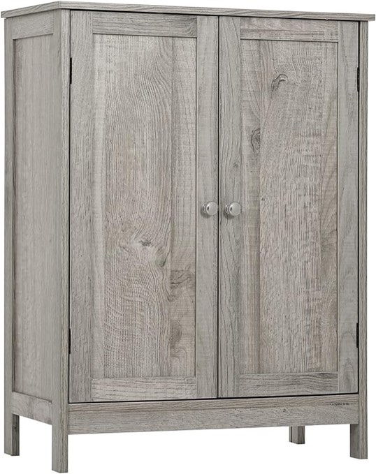 Iwell Storage Cabinet, Floor Storage Cabinet with 2 Adjustable Shelves & 2 Doors, Wooden Shoe Cabinet for Entryway, Office, Living Room, Gray