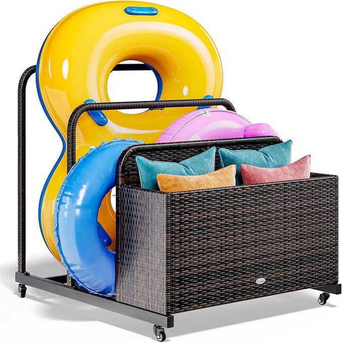 YITAHOME Outdoor Wicker Patio Poolside Float Storage, PE Rattan Rolling Pool Float Caddy for cushions, Floaties, Noodles, Life Vests, Beach Balls, Toys, Patio Furniture (Brown)