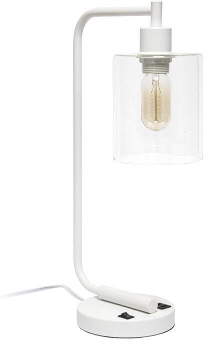 Simple Designs LD1066-WHT Bronson Antique Style Industrial Iron Lantern Desk Bedside Table Lamp with Dual 2 USB Charging Ports and Glass Shade, White