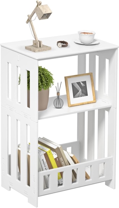 Side Table Night Stand, 3 Tier Narrow End Table with Display Shelf, Small Bookcase Bookshelf, Simple Bedside Table Storage Rack for Bedroom, Living Room, Office, Bathroom, White