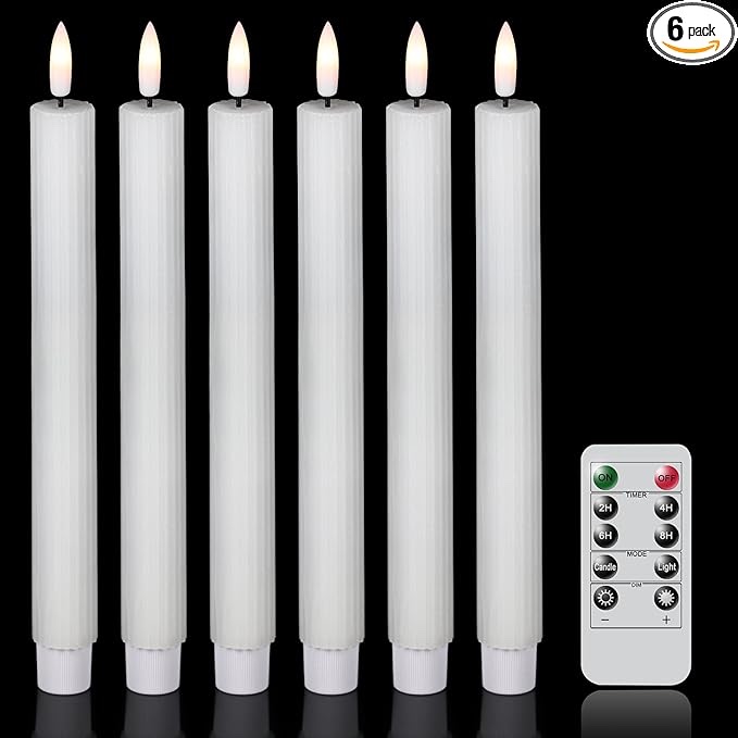 GenSwin Roman Pillar flameless Taper Candles Flickering with Remote Timer, Battery Operated Led Window Candles Warm 3D Wick Real Wax Pack of 6, Christmas Home Wedding Decor(0.78 X 9.64 Inch)