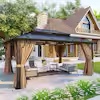 16 ft. x 12 ft. Outdoor Brown Polycarbonate Double Roof Gazebo with Curtains and Netting for Garden, Lawns, Patio