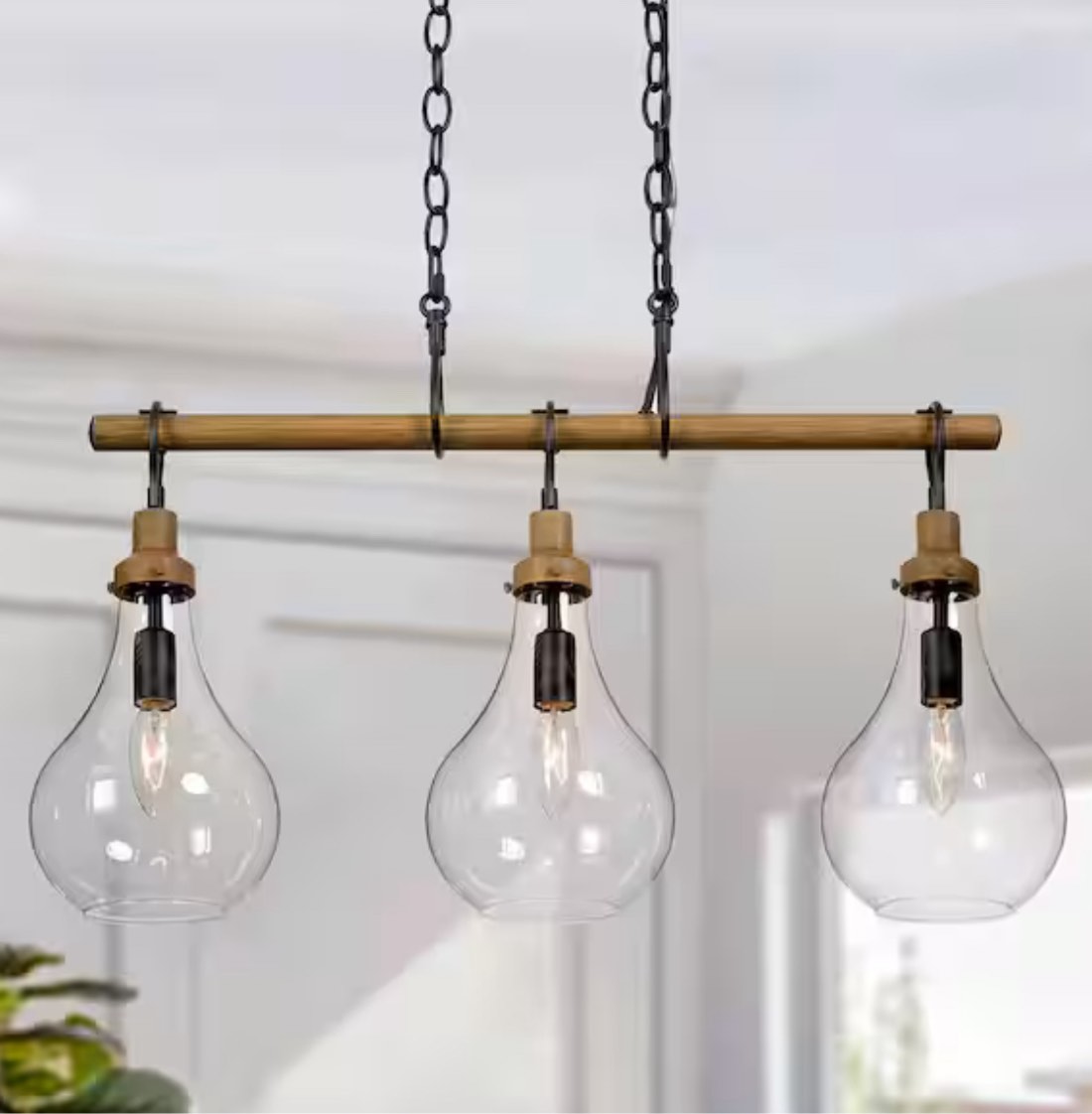 Farmhouse Teardrop Kitchen Island Chandelier 3-Light Rustic Black Faux Wood Linear Chandelier with Clear Glass Shades